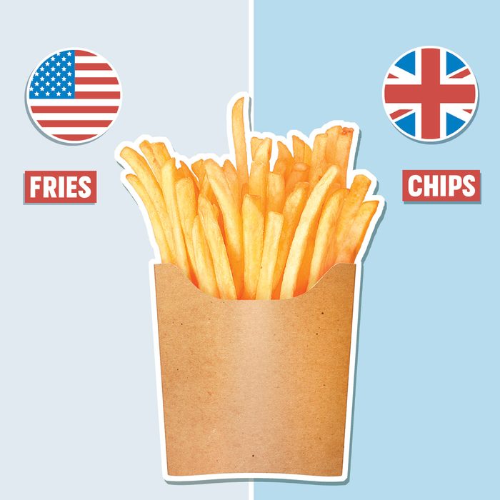 fries on blue background with american and british english pronunciation on either side
