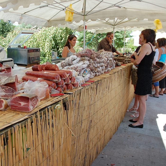 Most Famous daily market for regional products in french department Charente-Maritime in touristic old town of Meschers sur Gironde, France