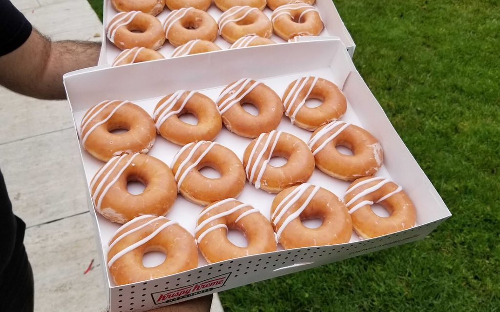 Box of a dozen original filled Krispy Kreme donuts