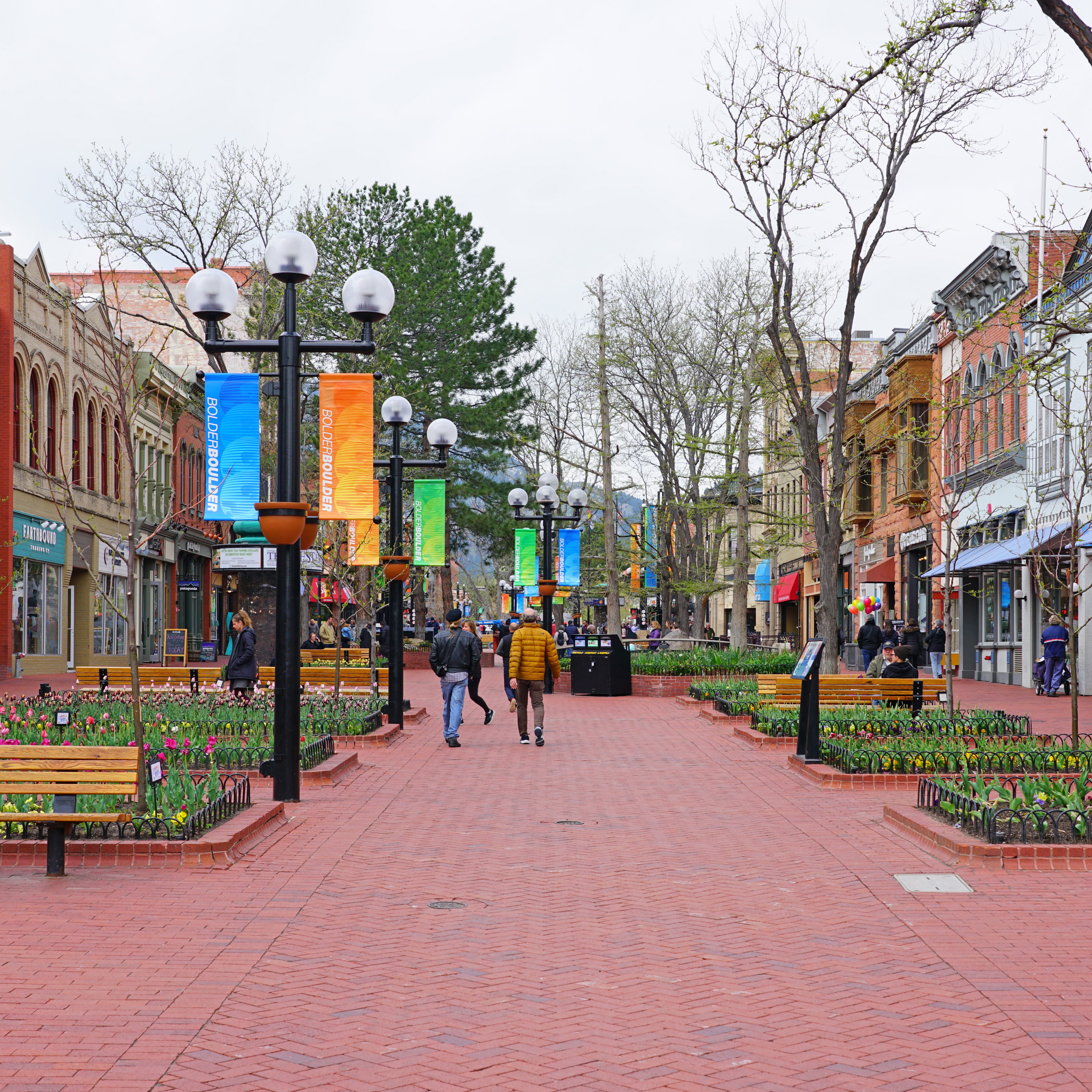 BOULDER, CO -10 MAY 2019- View of the Pearl Street Mall, a landmark pedestrian area in downtown Boulder, Colorado, in the Rocky Mountains.; Shutterstock ID 1396028375; Job (TFH, TOH, RD, BNB, CWM, CM): TOH Colorado Road Trip