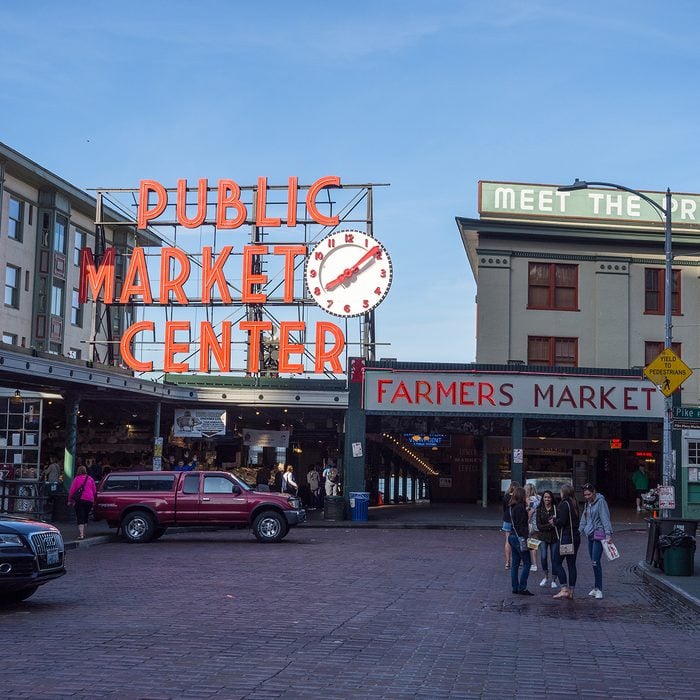 Seattle, Washington - May 27, 2018: Pike Place Market is a public market in Seattle and one of the oldest farmer's markets.