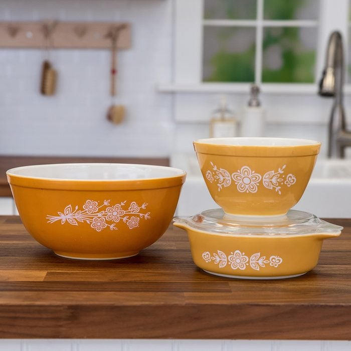Vintage Pyrex bowls in Butterfly Gold pattern