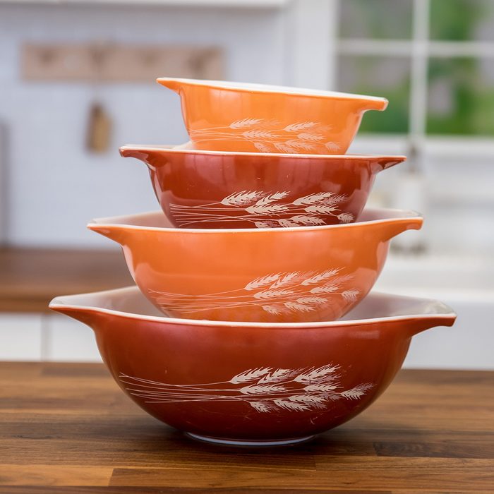Vintage Pyrex bowls in wheat pattern