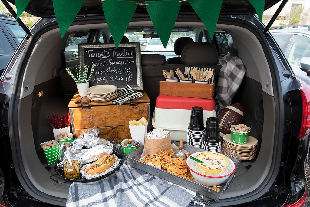 Tailgating interior beauty shot; Dijon-Bacon Dip for Pretzels; 33834 Tailgate Sausages