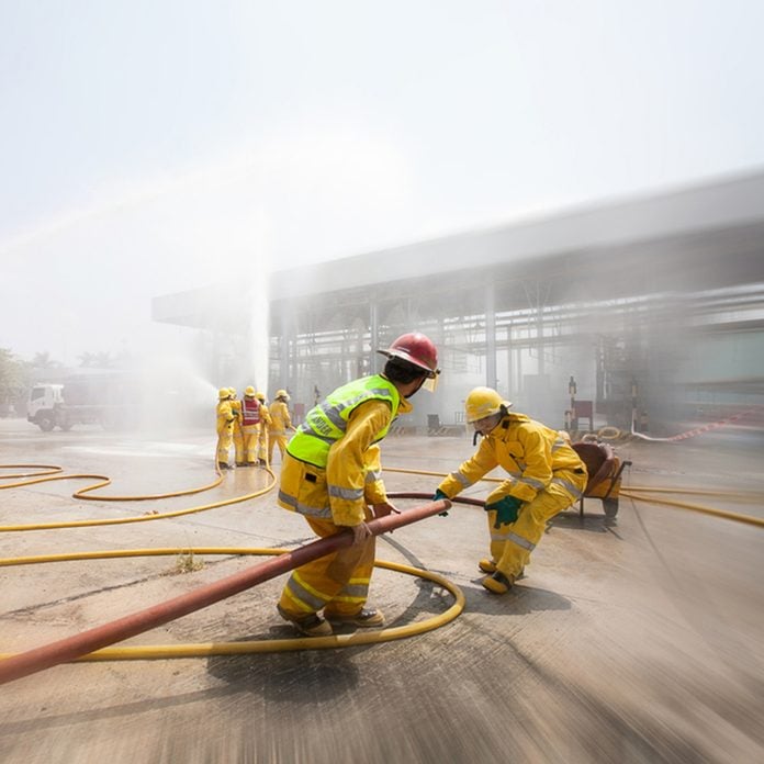 Blurred of Many people at work preparing for training firefighters