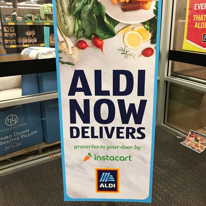 Interior of an Aldi store showcasing their new delivery option called Instacart.