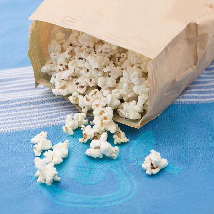 microwave popcorn, on traditional tablecloth