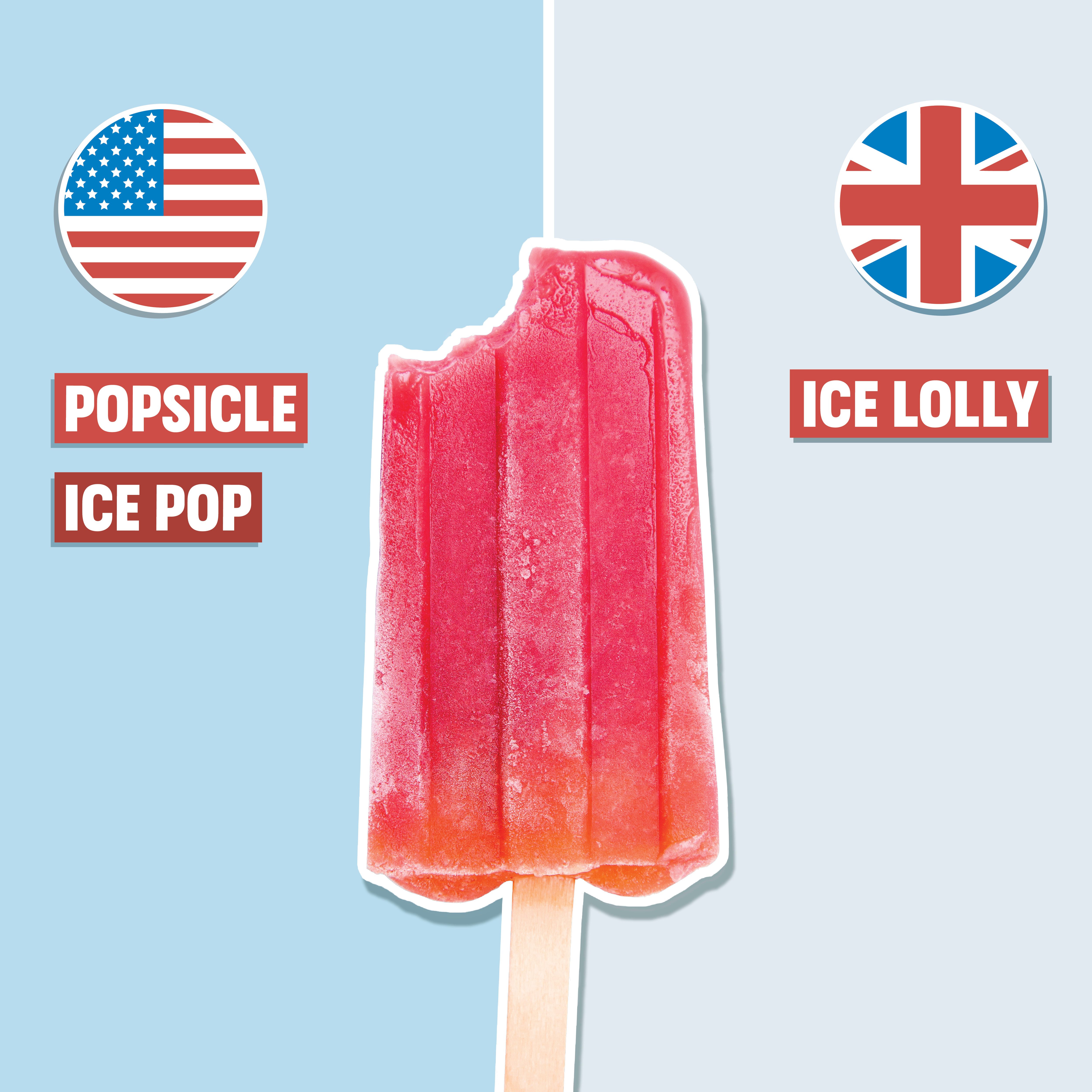 popsicle on blue background with american and british english pronunciation on either side