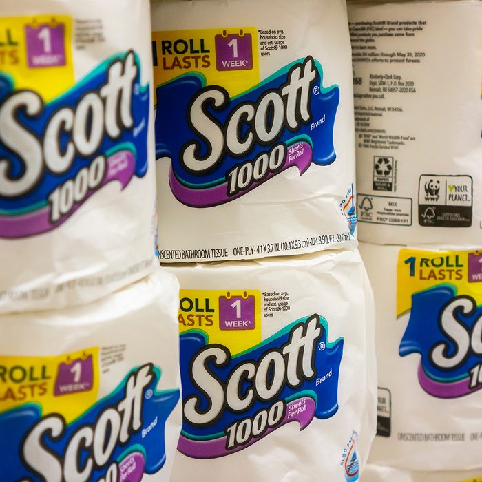 Rolls of Scott toilet paper manufactured by Kimberly-Clark are seen on a supermarket shelf