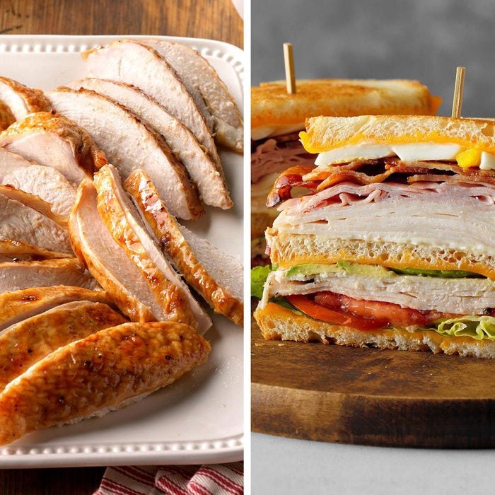 Turkey slices next to cobb sandwich