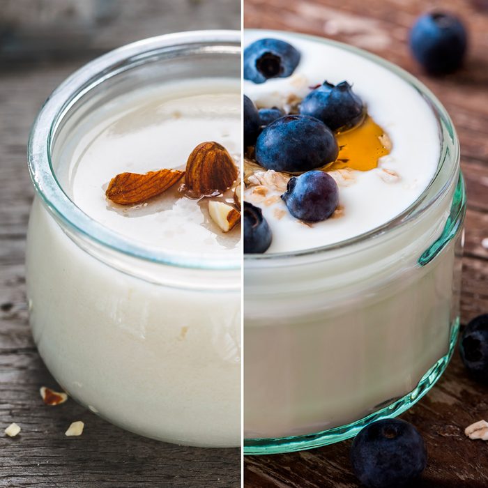 Serving of Yogurt with Whole Fresh Blueberries and Oatmeal on Old Rustic Wooden Table. Closeup Detail.; Shutterstock ID 298272557 Vegetarian Almonds Yogurt with Almonds Milk; Shutterstock ID 1111715231; Job (TFH, TOH, RD, BNB, CWM, CM): TOH almond; almonds; alternative; background; beverage; breakfast; calcium; closeup; cream; dairy; dessert; diet; drink; eating; food; fresh; glass; gourmet; health; healthy; ingredient; liquid; meal; medicine; milk; morning; natural; nut; nutrition; nuts; organic; product; protein; shake; smooth; smoothie; snack; soy; sweet; vegan; vegetarian; white; wooden; yogurt