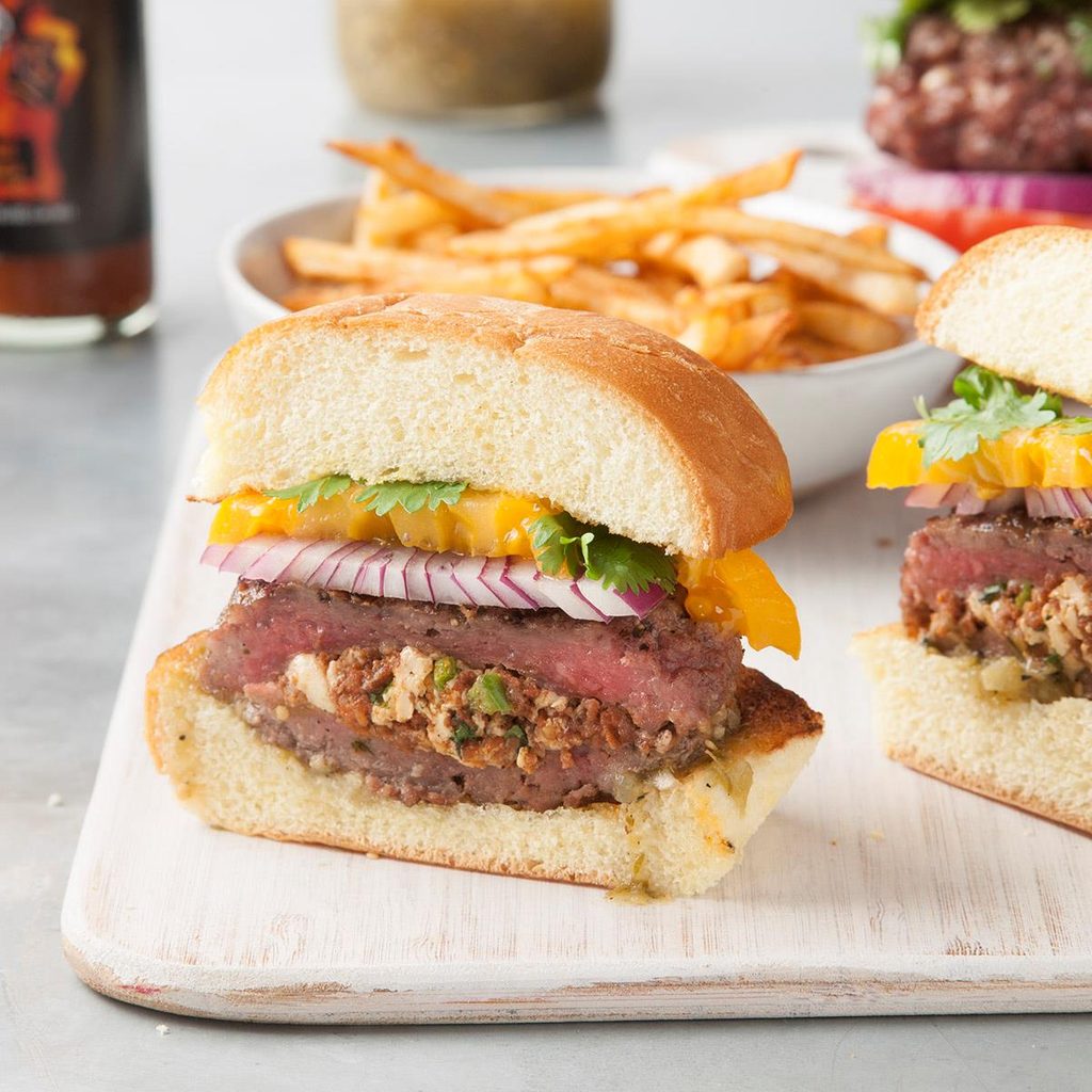 Stuffed Chorizo Burgers with Tomatillo Salsa