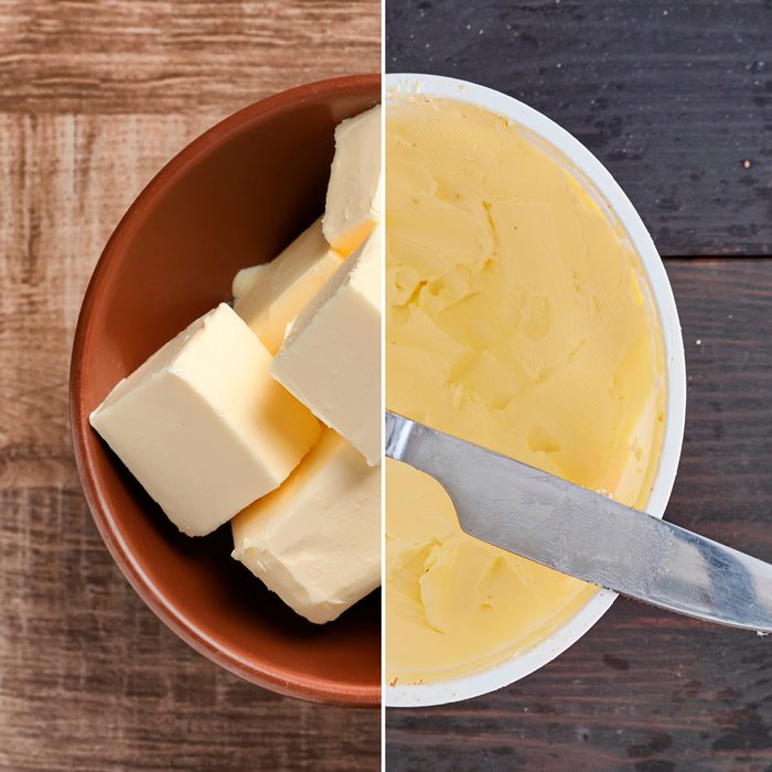 Bowl with cubes of butter on wooden background; Shutterstock ID 751443889 A studio photo of margerine spread; Shutterstock ID 1202817655; Job (TFH, TOH, RD, BNB, CWM, CM): TOH