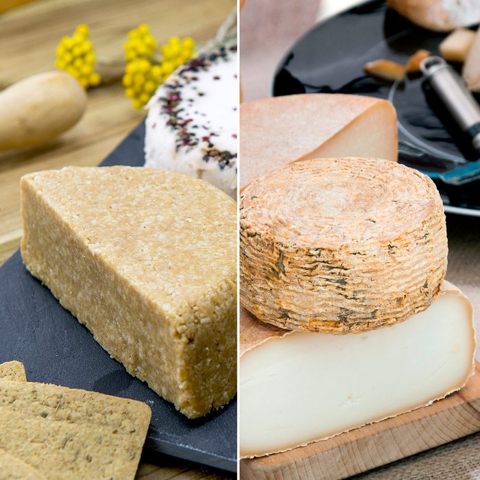 Cut round cheese wheels on a cutting board; Shutterstock ID 1082535398; Job (TFH, TOH, RD, BNB, CWM, CM): TOH Vegan variety of cheeses; no dairy products; Shutterstock ID 443055682; Job (TFH, TOH, RD, BNB, CWM, CM): TOH