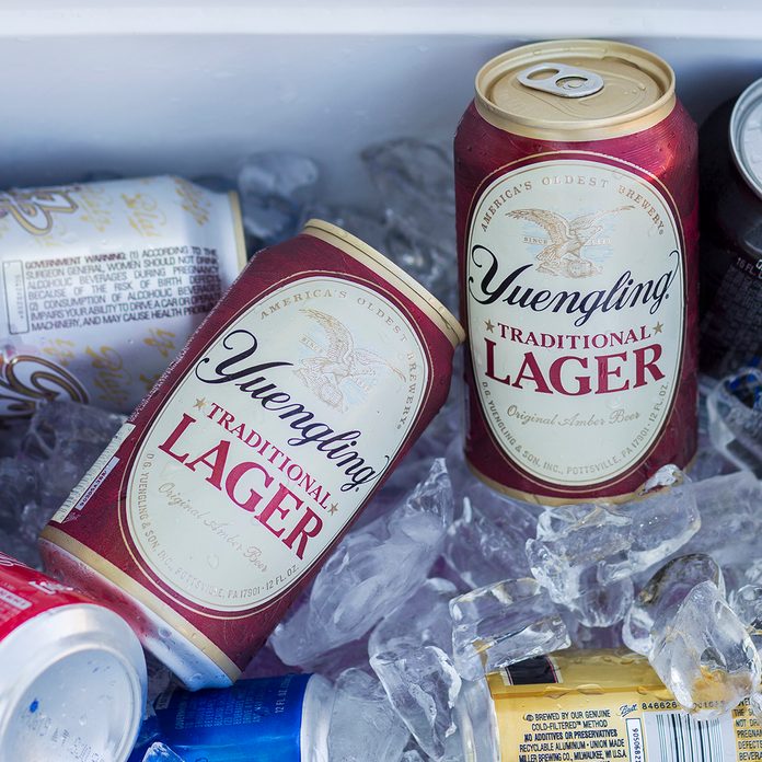 Yeungling beer with ice cubes in a cooler