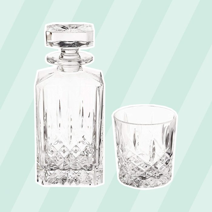 Marquis by Waterford Markham 11 Ounce Double Old Fashioned Glasses Pair and Square Decanter Set, Unleaded Crystal