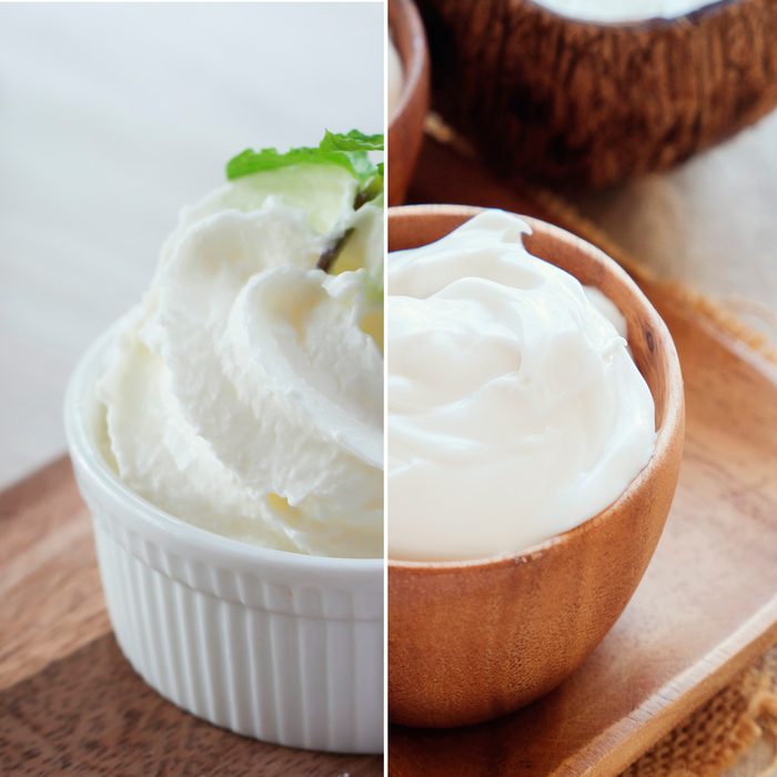 homemade organic coconut greek yogurt in wooden bowl; Shutterstock ID 791083180; Job (TFH, TOH, RD, BNB, CWM, CM): TOH Whipped cream with peppermint leafs in ceramic cup ; Shutterstock ID 633226634; Job (TFH, TOH, RD, BNB, CWM, CM): TOH