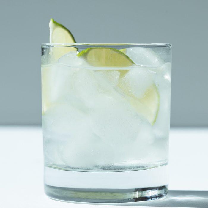 close-up view of Gin Tonic cocktail with lime and ice cubes in glass; Shutterstock ID 731431963; Job (TFH, TOH, RD, BNB, CWM, CM): TOH