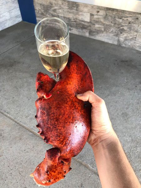 Monstrous lobster claw holding a glass of wine
