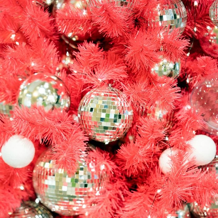 Red Christmas Tree Decorated with Disco Ball Mirrored Balls, Glitter and Sparkles