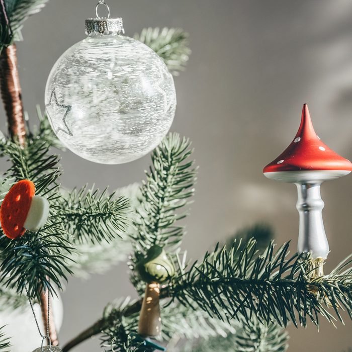 Glass Mushroom and Mushroom Ornament Decorations In Reusable Christmas Tree