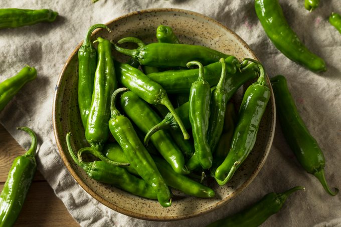 Raw Green Organic Shishito Peppers in a Bowl