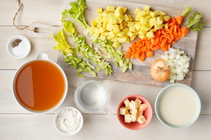 flat lay of ingredients for vegan potato soup