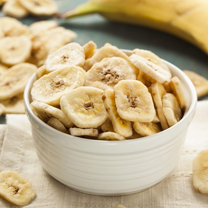 Homemade Dehydrated Banana Chips in a Bowl