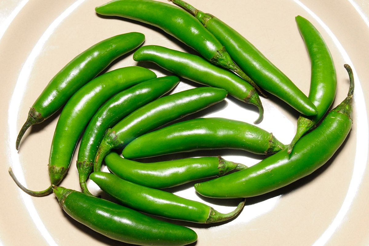 Chiles serranos on a plate and white background