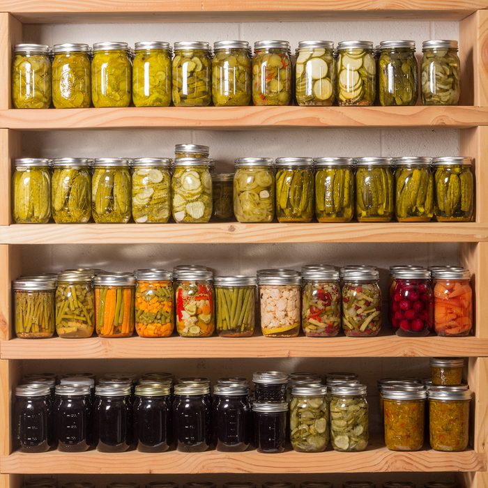 Shelves of homemade preserves and canned goods