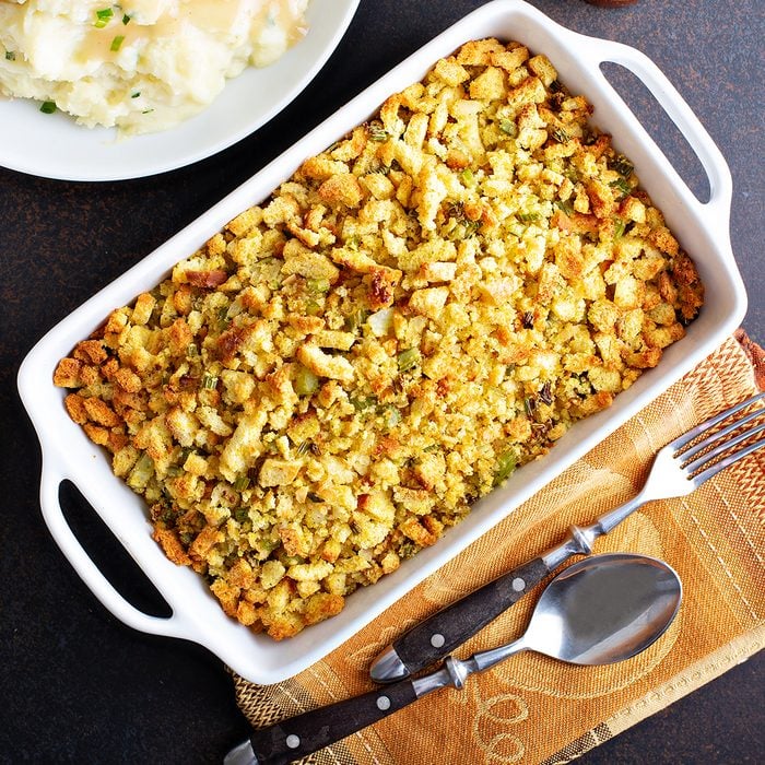 Traditional stuffing side dish for Thanksgiving in a baking pan; Shutterstock ID 1178196673; Job (TFH, TOH, RD, BNB, CWM, CM): TOH
