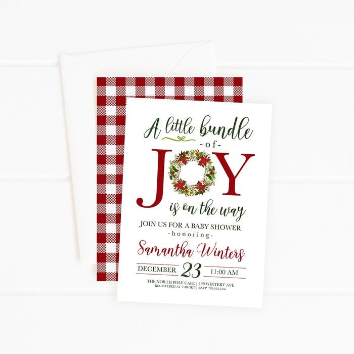 Christmas Baby Shower Invitation, Holiday Bundle of Joy is on the Way Winter Wreath Baby Shower, Gender Neutral Printable Invite, Simple