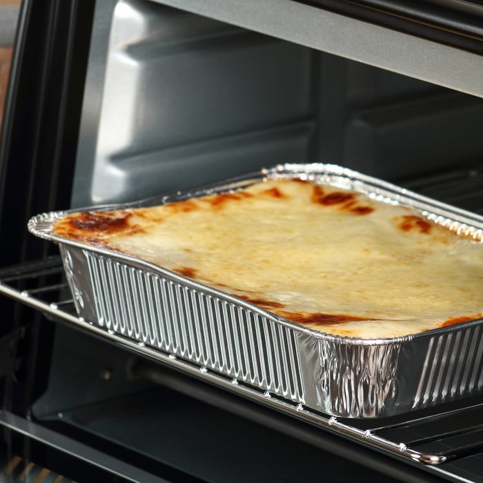 Baking Lasagne Bolognese in Disposable Foil Dish in Electric Oven