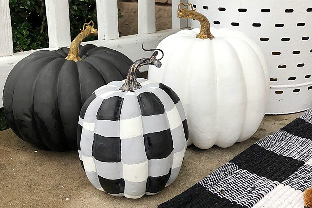 black and white Buffalo Plaid Painted pumpkin