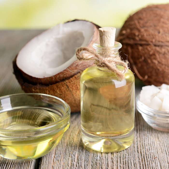 Coconut oil on table close-up