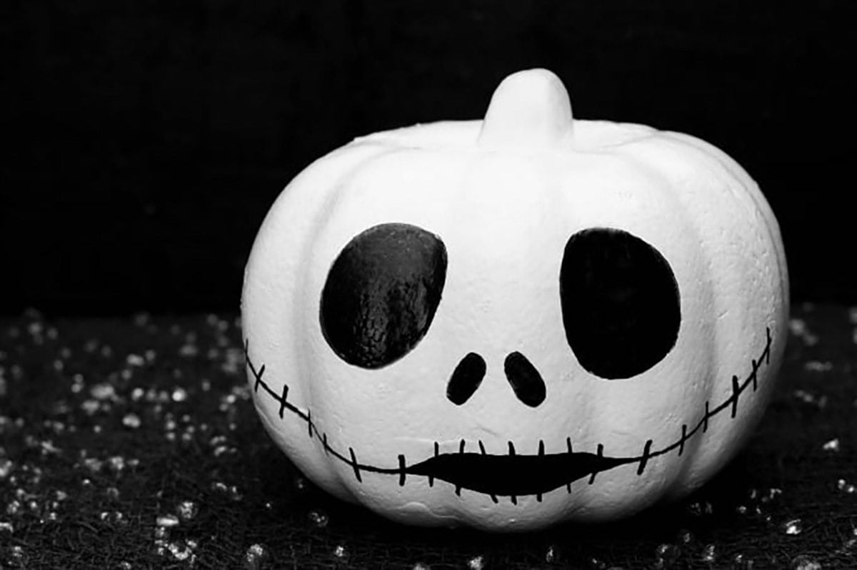 black and white Jack Skellington painted Pumpkin