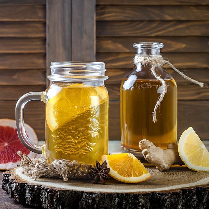 Homemade fermented raw kombucha tea with different flavorings. 