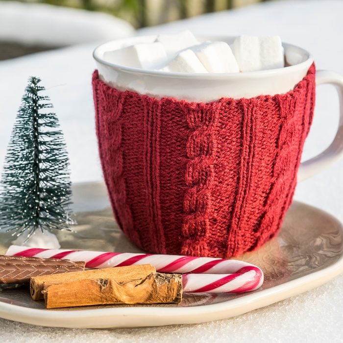 mug hot chocolate, marshmallow, on plate with cinnamon, candy, mini Christmas tree on table with snow