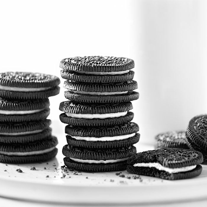 Oreo chocolate cookies stacked with milk