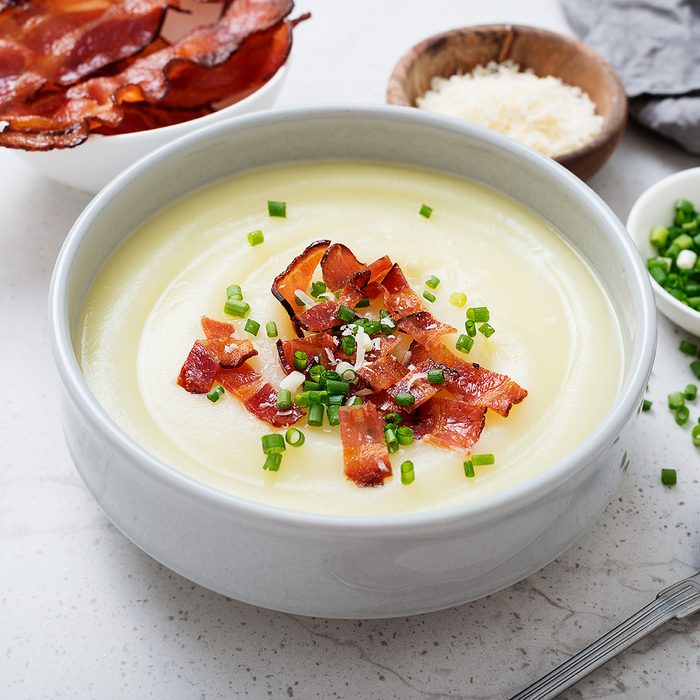 Potato cream soup with bacon, green onion and cheese.; Shutterstock ID 1492318622; Job (TFH, TOH, RD, BNB, CWM, CM): TOH