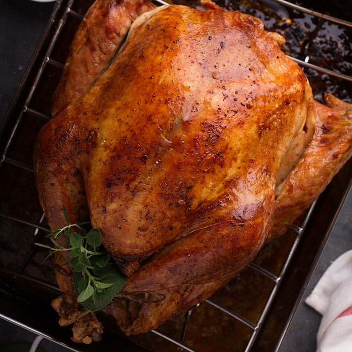 Cooked turkey for Thanksgiving or Christmas in a roasting pan ready for carving; Shutterstock ID 737627662; Job (TFH, TOH, RD, BNB, CWM, CM): TOH