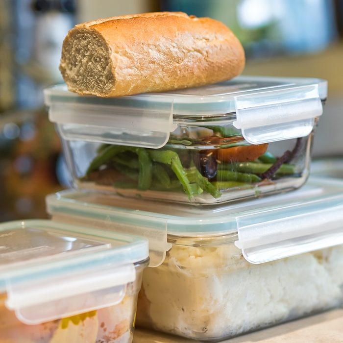Stacked containers of leftovers