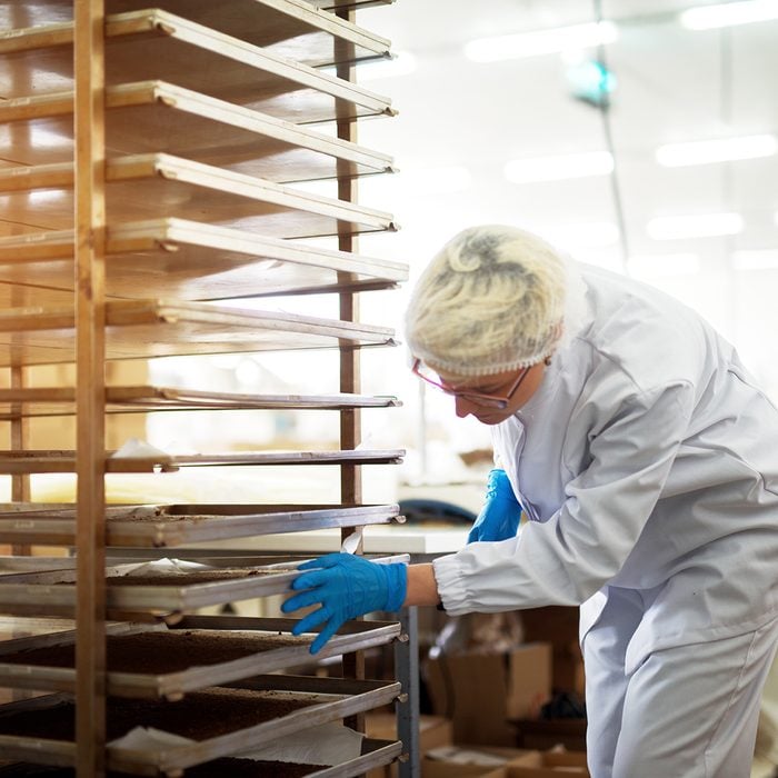 Young female hard working bakery employee in sterile cloths pushing rack with tinplates filled with freshly baked cookies.