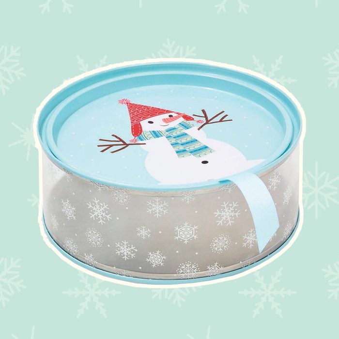 Round Cookie Tin Christmas Gift Box Snowman Lid & Snowflake side