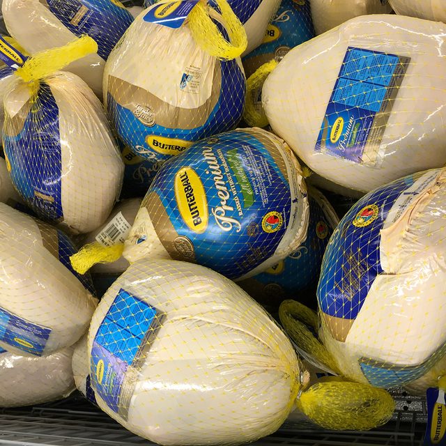 A bunch of Butterball turkeys for sale the night before Thanksgiving in Wisconsin.