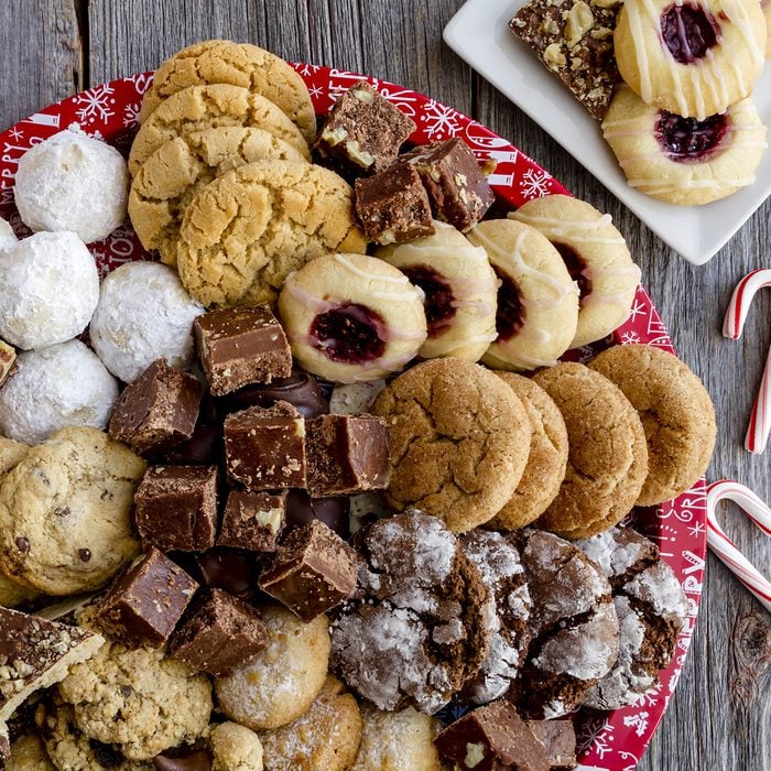 Holiday cookie platter filled with homemade treats ready for gift wrapping