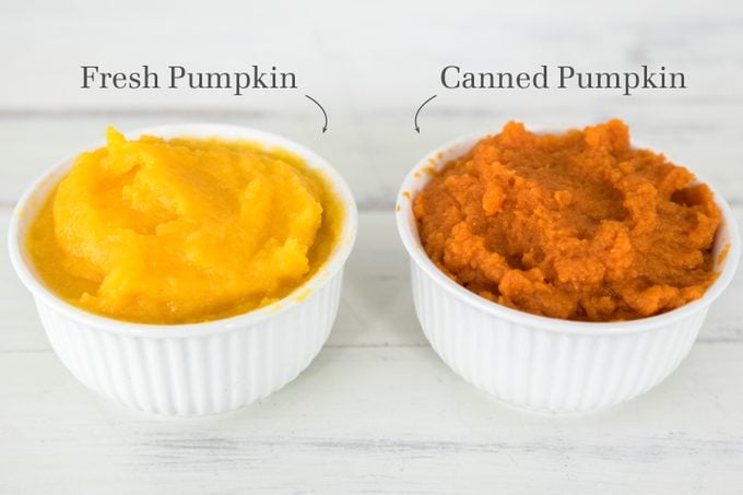Two small bowls filled with different kinds of pumpkin with text and an arrow labeling the bowl on the left as "fresh pumpkin" and the bowl on the right as "canned pumpkin"