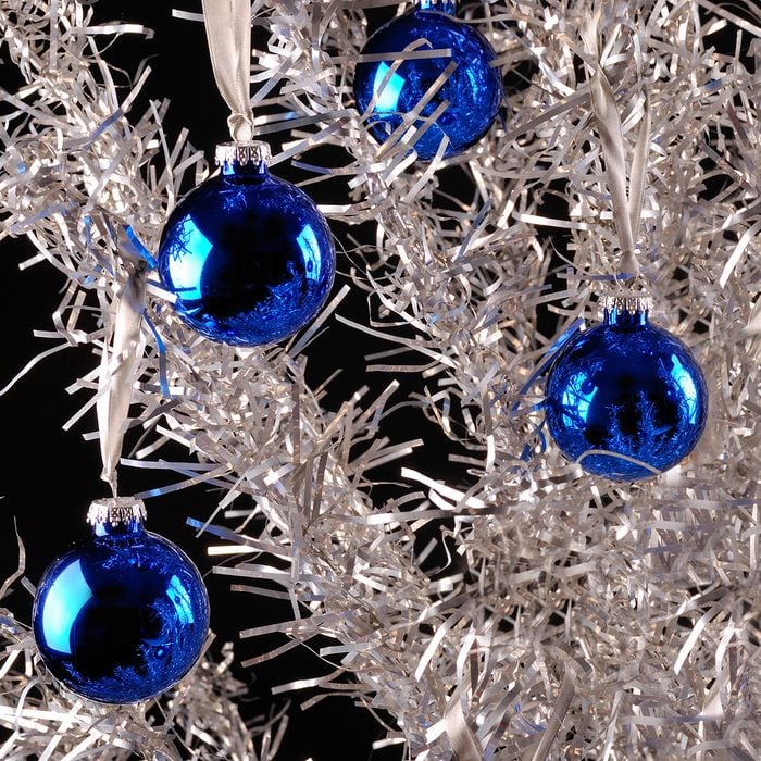 Vintage Aluminum Christmas Tree with blue ornaments