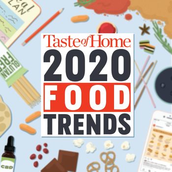 Taste of Home’s 2020 Food Trends graphic on illustrated background of food