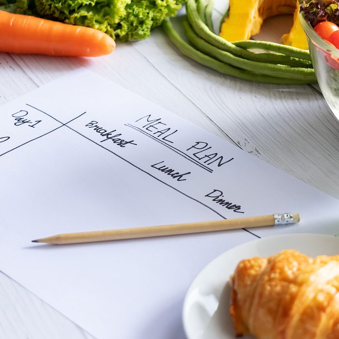 Calories control, meal plan, food diet and weight loss concept. top view of meal plan table on paper with salad, fruit juice, bread and vegetable; Shutterstock ID 1483948601; Job (TFH, TOH, RD, BNB, CWM, CM): TOH